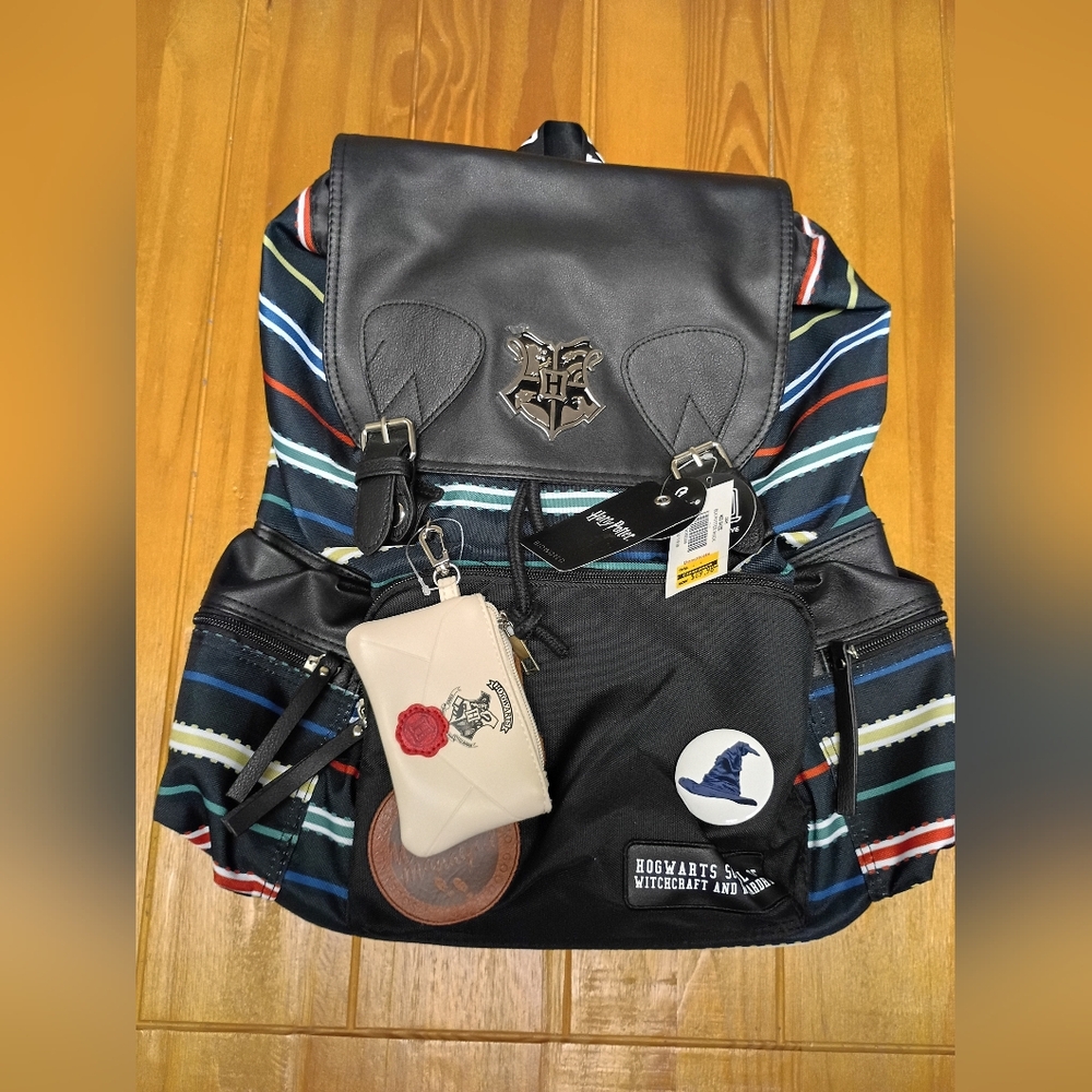Harry Potter Black Multi-Striped Patch Rucksack Backpack - Picture 2 of 10